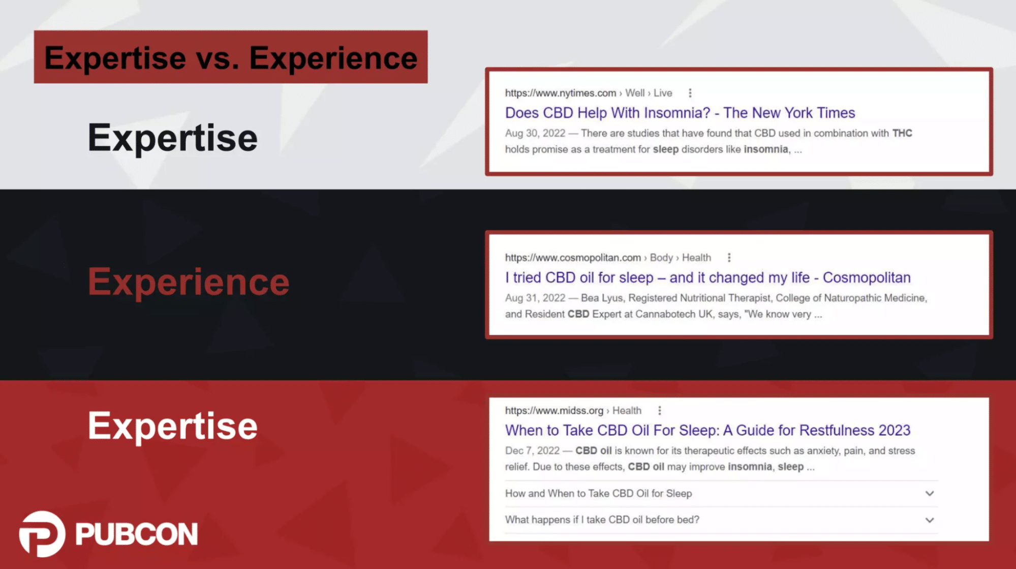 Screenshots of Google results showing the difference between expertise and experience under Google's guidelines and classifications.