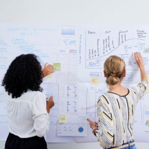 Two women with their backs to the camera, reviewing a white board covered with handwritten notes and papers
