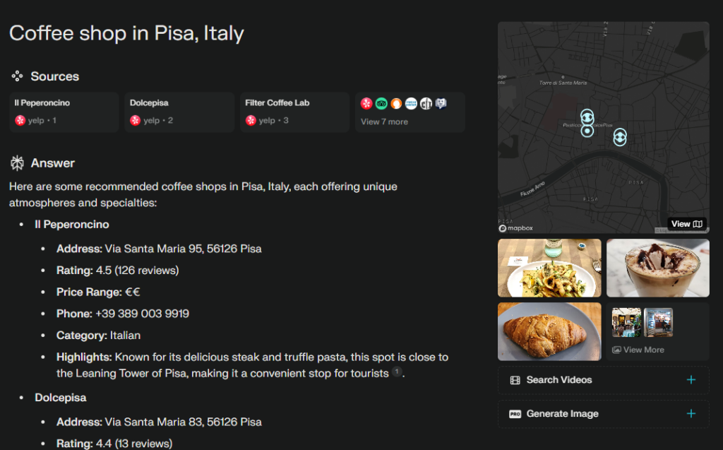 Perplexity.ai result when searching for coffee shops in Pisa, Italy.