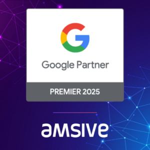 Google Premier Partnership logo with the amsive logo on an abstract blue and purple background